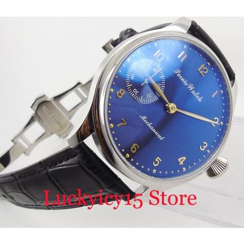 PARNIS Fashion 44mm Hand Winding mens Watch Blue Dial 6497 Movement Deployment Clasp