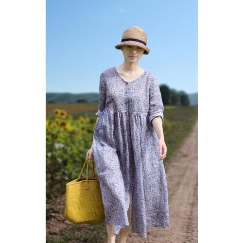 CHKE2020 slim purple ramio transparent butterfly print V-neck loose dress with seven mangas-04