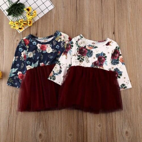 2020 Floarl Cute 1-6Y Kids Baby Girls Dress Mesh Long Sleeve A-line Party Dress Summer Casual Cotton Sundress
