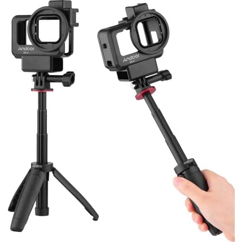 Andoer Action Camera Vlog Video Cage Dual Cold Shoe Mount 55mm Filter Adapter+Extendable Selfie Stick Tripod for GoPro Hero 9