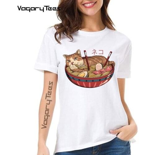 Kawaii Ramen And Cats Noodles Japanese T Shirt Women Cute Cartoon Animals Cheap wholesale tees Summer fashion Tee