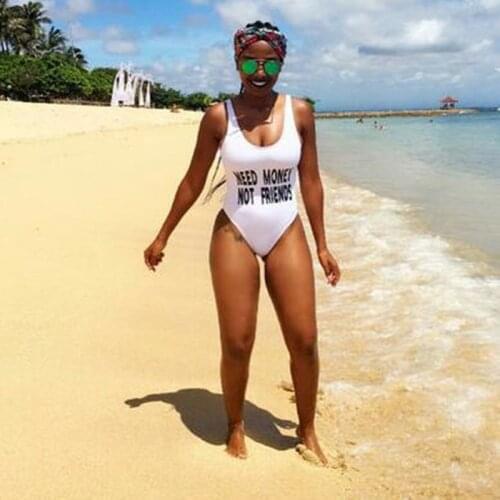 NEED MONEY NOT FRIENDS Letter Sexy Swim Suit Funny Swimsuit One Piece Swimwear Women High Cut Bodysuit Backless Monokini