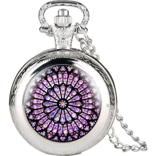 Rose Window Stained Glass Quartz Pocket Watch Retro for Women Men Dame De Paris Cathedral Link Chain Pendant Watches
