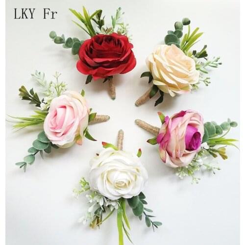 LKY Fr Wedding Corsages and Boutonniere Suit Pins Roses Silk Groom Boutonniere Buttonhole Wedding Marriage Groomsman Accessories