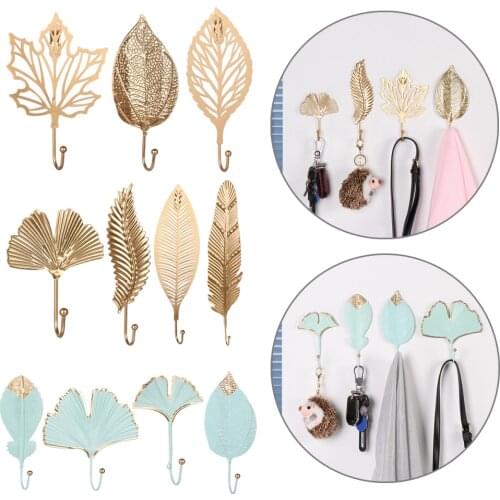 Fashion Metal Leaf Hook Nordic Style Home Decoration Wall Hanger Bathroom Organization Hanging Hooks Gold/Green Storage Hanger