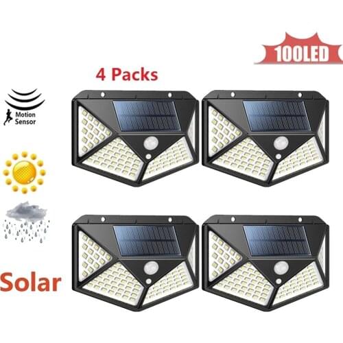 100LED Solar Powered Wall Light PIR Motion Sensor Street Outdoor IP65 Waterproof Pathway Garden Fence Lamp With 3Modes 4 sided 2