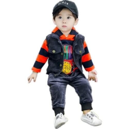 2018 New Baby Boys Sets Children Spring Autumn Clothing Corduroy Vest + Long-Sleeve Hooded Sweater+Pant 3 PCS Kids Fashion Suits