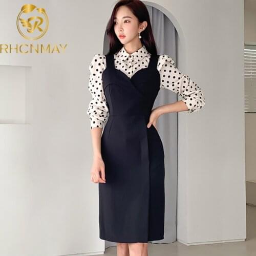 2020 New Spring Runway 2 Piece Set Women Wave point Long Shirt Blouse +Sexy Spaghetti Strap Casual Package hip Dress Blend Suits