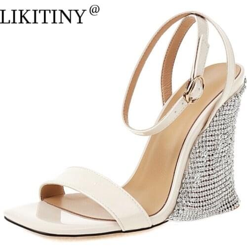 NEW LIKITINY Summer Party shoes Womens shoes Sexy Strange Style Heels 10.5CM Ankle strap Crystal rhinestone Tassel Sandals