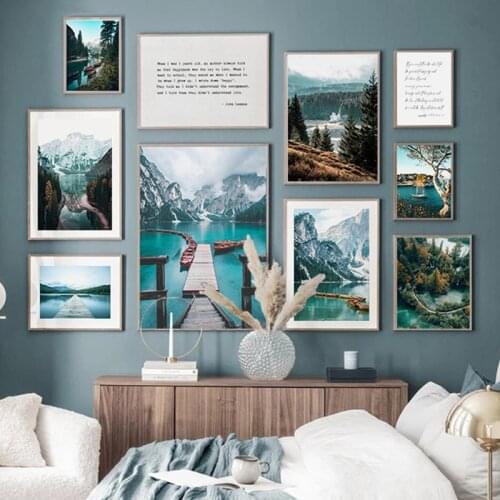 Landscape Forest Canvas Poster Print Sky Lake Boat Snow Mountain Wall Art Scandinavian Nordic Painting Modren Decoration Picture