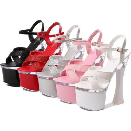Sequined Sexy Transparent Strap Super High Heels Platform Shoes Plus Size 34-43 Summer Cross-Tied Sandals Women 15/17cm