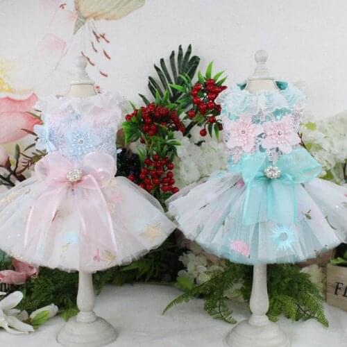 Luxury Fashion Embroidered Puppy Dog Lace Tutu Dress Pink Blue Handmade Pet Clothes Dress For Small Dog Outfits Poodle Chihuahua