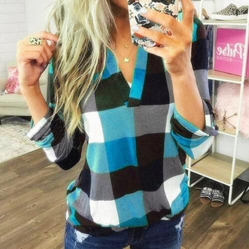 Spring Autumn Cotton Womens Shirt V-Neck Long Sleeve Pullover Plaid Print Loose Fashion Office Lady Shirt