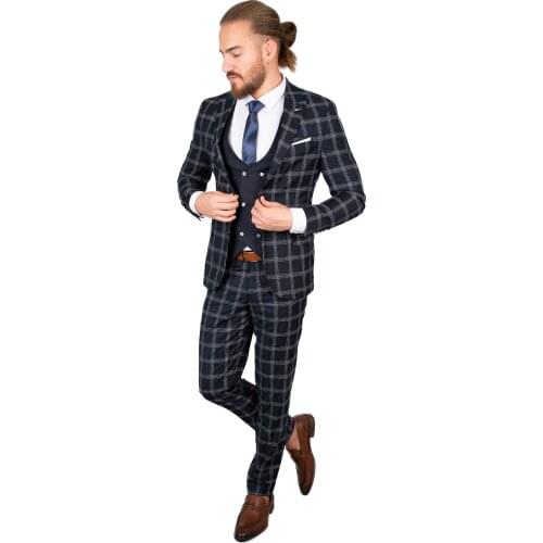 DeepSEA Navy Blue Luxury Men 'S Suit Tuxedo Relief Plaid Pattern Tight-Fitting Mould Groom Business (Blazer + Pants + Vest) 2001145