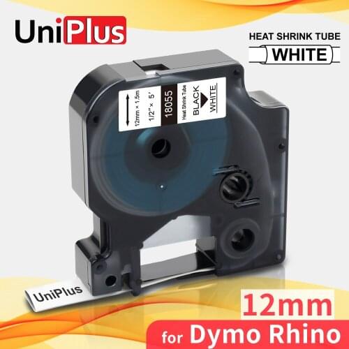 UniPlus 18055 Heat Shrink Tube Label Tapes 12mm Compatible DYMO Rhino Label Maker 5000 5200 6500 6000 4200 Black on White Ribbon