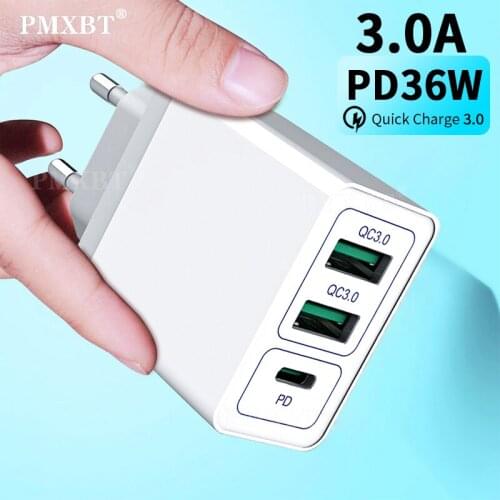 36W Charger Quick Charge 3.0 Type C PD Fast Charger for iPhone Samsung 3 Port USB Charger QC 3.0 Portable Phone EU US UK Charger
