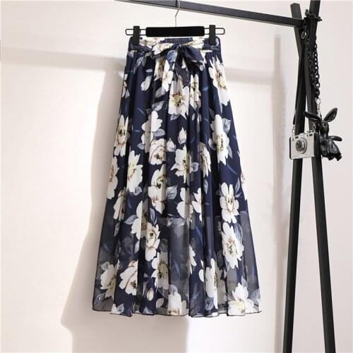 Summer women chiffon vintage elegant Bohemia midi skirt with belt 2020 high waist pleated skirts womens lady print skirts femal