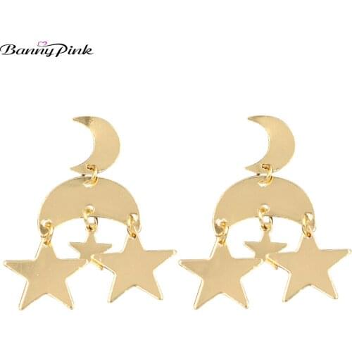 Banny Pink Shiny Star Statement Studs Earrings For Women Chunky Crescent Moon Pendant Post Earring Fashion Jewelry Brinco Bijoux