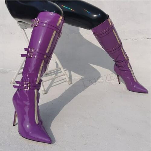 DOHBANER Women Knee High Boots Buckle Straps Heels Thin Heels Front Zip Tall Boots Handmade Female Shoes Woman Big Size 39 42 47