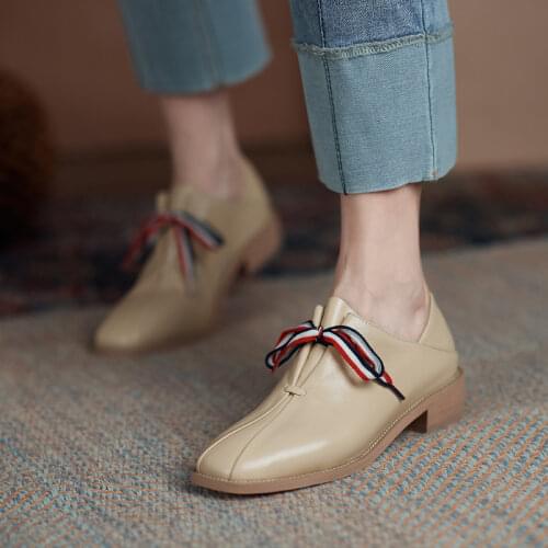 Concise Designer Loafers Genuine Leather Square Head Toe Shoes Woman Heels 2021 Spring Working Office Lady Women Shoes Heels