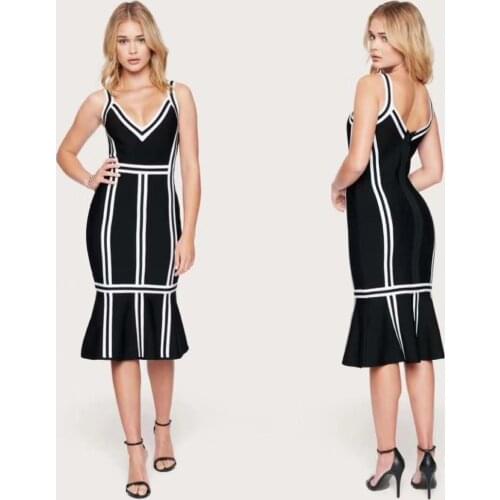 Celebrity Bandage Dress Elegant White Black V Neck Fish Tail Midi Bandage Dress Sexy Woman Night Party Club Dress Vintage Vestio