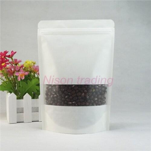 18*26cm,100 X White Stand up Kraft paper bag with Matte-clear window zipper sealed, Reusable ziplock paper pouch Cookies sachet