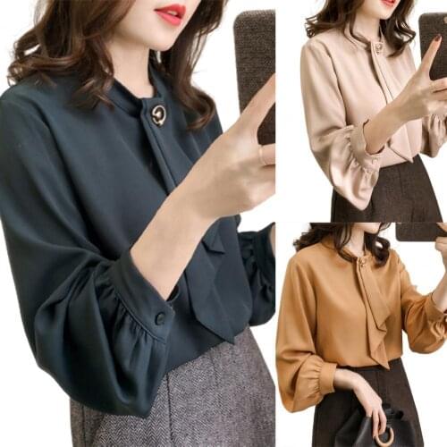 Formal Lady Shirt Solid Color Long Puff Sleeve Women Buttons Cuff Loose Blouse for Spring Elegant Women Clothes Vintage Shirt