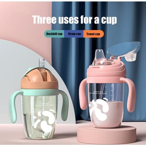 3 In 1 Child Water Bottle Baby Sippy Cups Anti-choked Kids Learning Drinking Water Leakproof Cup with Spout & V-Straw & Sling