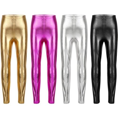 Kids Elastic Waistband Shiny Metallic Skinny Pants Dancewear Leggings Children Girls Stage Performance Hiphop Jazz Dance Costume