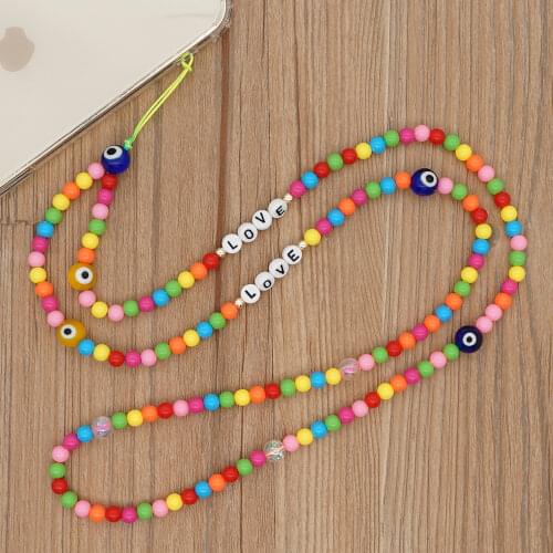 Long Mobile Phone Chains Colored Glaze Eye Beads Mobile Phone Chain Acrylic Word Gold Beads Resin Round Woven Rope Pendants