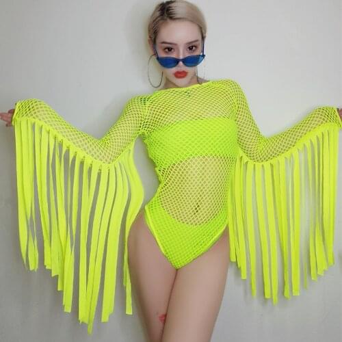 Fluorescent Green Grid Tassel Bodysuit Bar Gogo Ds Dj Costume Female Hip Hop Jazz Dance Clothes Nightclub Festival Outfit DN4234