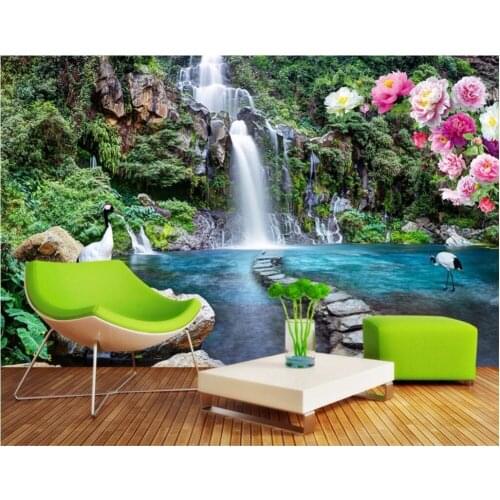 Custom photo 3d wall murals wallpaper mountain waterfall crane decor painting picture wallpapers for walls 3 d living room