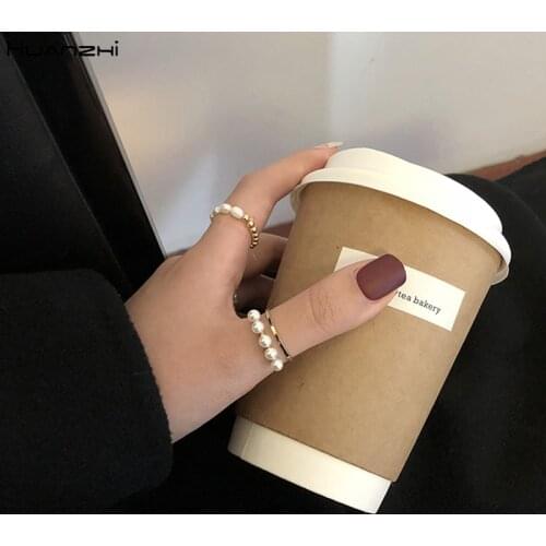 HUANZHI 2019 New Design Simple Vintage Natural Freshwater Pearls Opening Metal Round Ring for Women Student Girl Party Jewelry