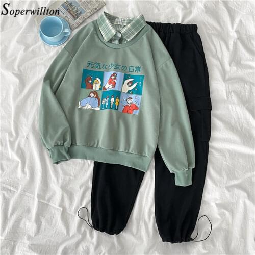 2 pcs Set Sweatshirt + Cargo Pants Women Suit Set Harajuku Long Sleeve Cartoon Print Pullover Tops Elastic Waist Trouser Set