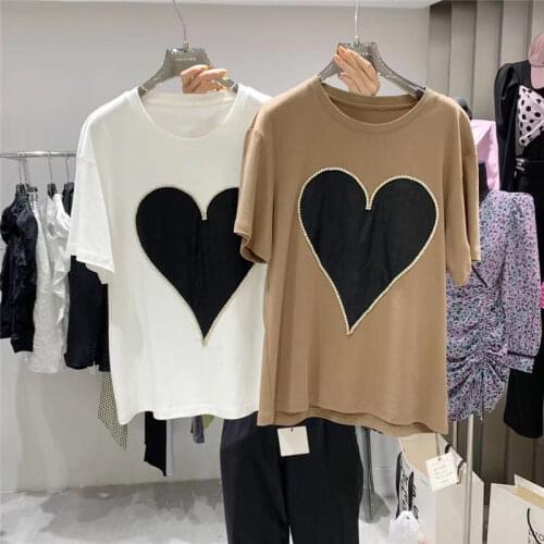 Korean Womens O-Neck Love Solid White Tees Short-Sleeved T-Shirt Summer Diamonds All-Match Student Cotton Bottoming Shirt Tops