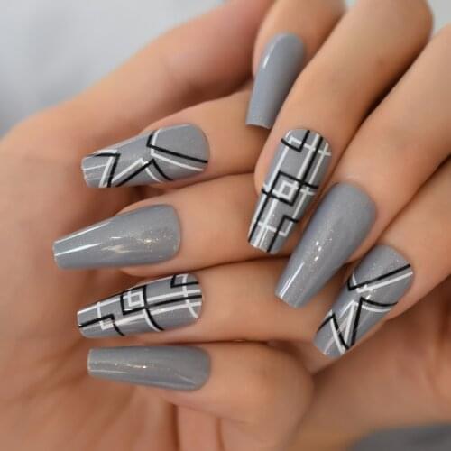 The Cyberpunk Line Original Dancing Line Design Full Cover Nails Coffin Meidum-Long Gray Color Supplies For Professionals Finger