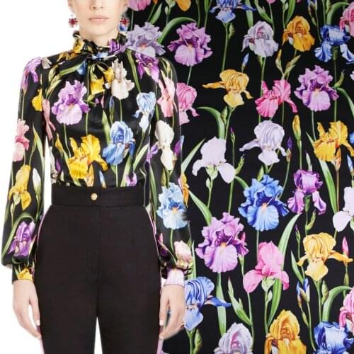 145cm Width Fashion Colorful Lily Printed Imitate Silk Satin Fabric For Woman Dress Blouse Pajamas DIY Cloth Sewing
