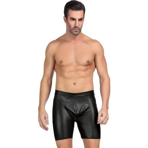 Boxer Homme Sexy Gay With Exposed Hips High Waist Solid Faux Leather Boxershorts Men Underwear Plus Size Cuecas Boxer MPS064