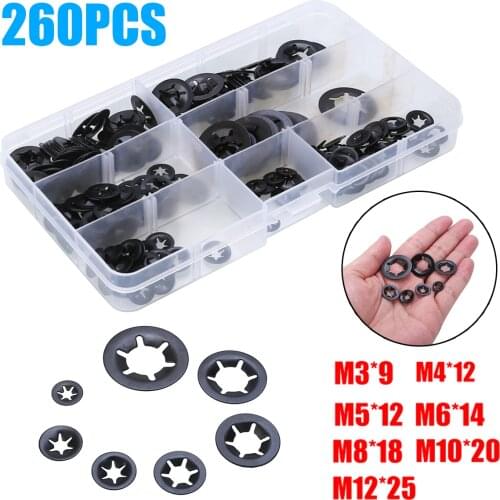 260pcs Starlock Push-on Locking Washers Assorted Kit Star Nut Metal M3 M4 M5 M6 M8 M10 M12 Quick Speed Star Nut Locking Fastener