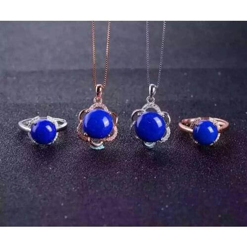 Natural blue lapis lazuli gem jewelry sets natural gemstone Pendant ring 925 silver Luxury round fire wheel women fine jewelry