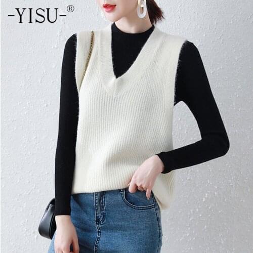 YISU 2021 New Women Loose Sweater Autumn V-Neck Tops Vest Solid color Female Knitted pullover sleeveless Women clothing