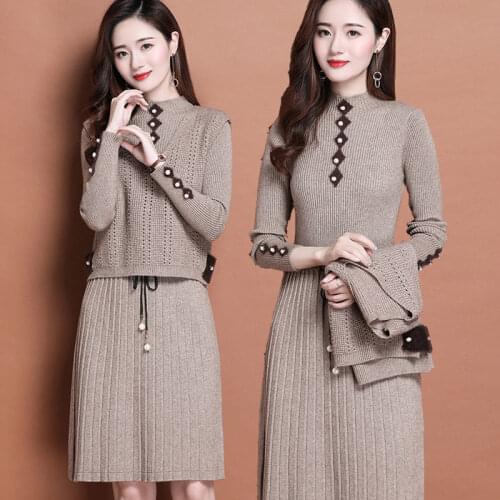 Autumn Winter Slim Vest Sweater Dresses Two Pieces Set Fashion Warm Women Slim Dresses Half High Collar Jacquard Female Dress