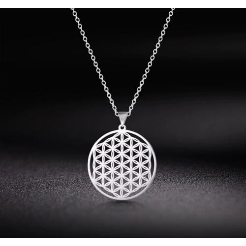Skyrim Flower of Life Round Pendant Necklace Stainless Steel Golden Mandala Choker Chain Necklaces Jewelry Gift for Women Girls