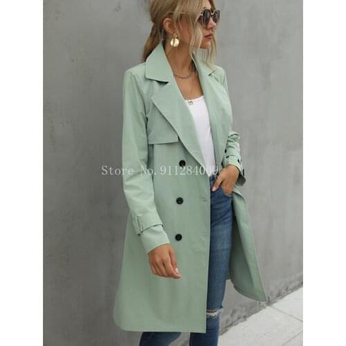 Fashion Women Casual Solid Color Coat Adults Autumn Elagant Fashion Long Sleeve Lapel NeckDouble Breasted Belted Trench Coat