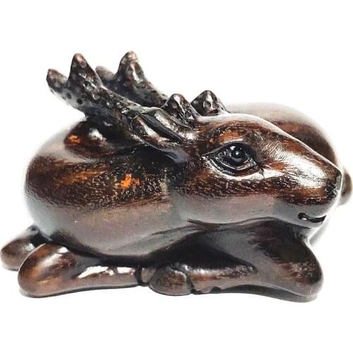 Y6080- Collectible 20 Years OLD 2" Hand Carved Ironwood Netsuke - Deer Rest