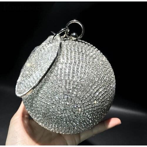Pooflower Silver Gold Ball Bags Diamonds Evening Wristlet Bags for Women Crystal Wedding Party Clutch Purse Chains Handbag ZH296
