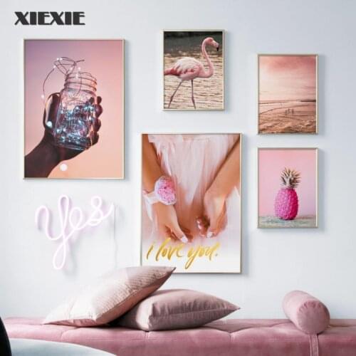 Seaside Landscape Canvas Painting Coconut Tree Pineapple Flamingo Posters Nordic Wall Art Pictures for Living Room Decor