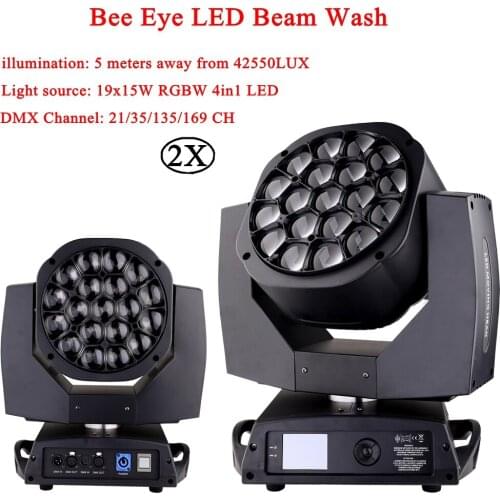 2Pcs/Lot LED Beam Wash Bees Eyes 19x15W RGBW 4IN1 Moving Head Light 4°- 60° Beam angle DMX512 Music Stage DJ Disco Beam Lights