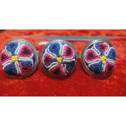 Retro Miao silver inlay piece rings old Miaoxiu, handmade folk style round silver ring