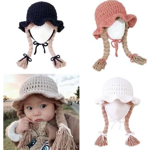 Handmade Knitted Baby Girls Wig Hat Infants Photography Props Headwear Newborn Wigs Brades Kids Crochet Cap with Plaits 24BE